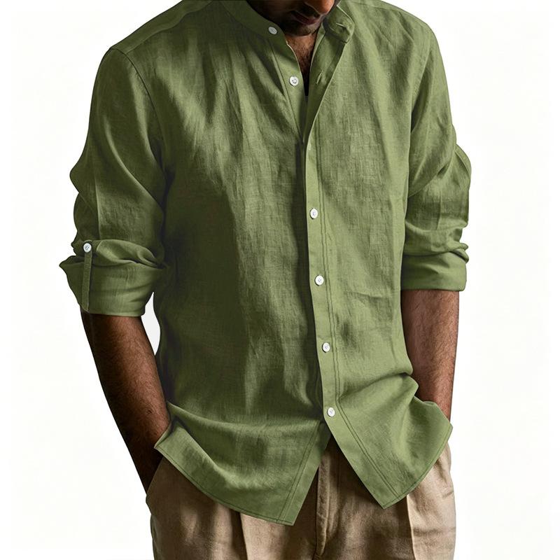 Cotton Linen Hot Sale Men's Long-Sleeved Shirts Summer Solid Color Stand-Up Collar Casual Beach Style Plus Size