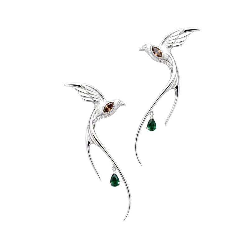 2Pcs High Polished Cold Tone Swallow Zircon Dangle Earrings Lightweight Fashion Women Jewelry for Office Wear