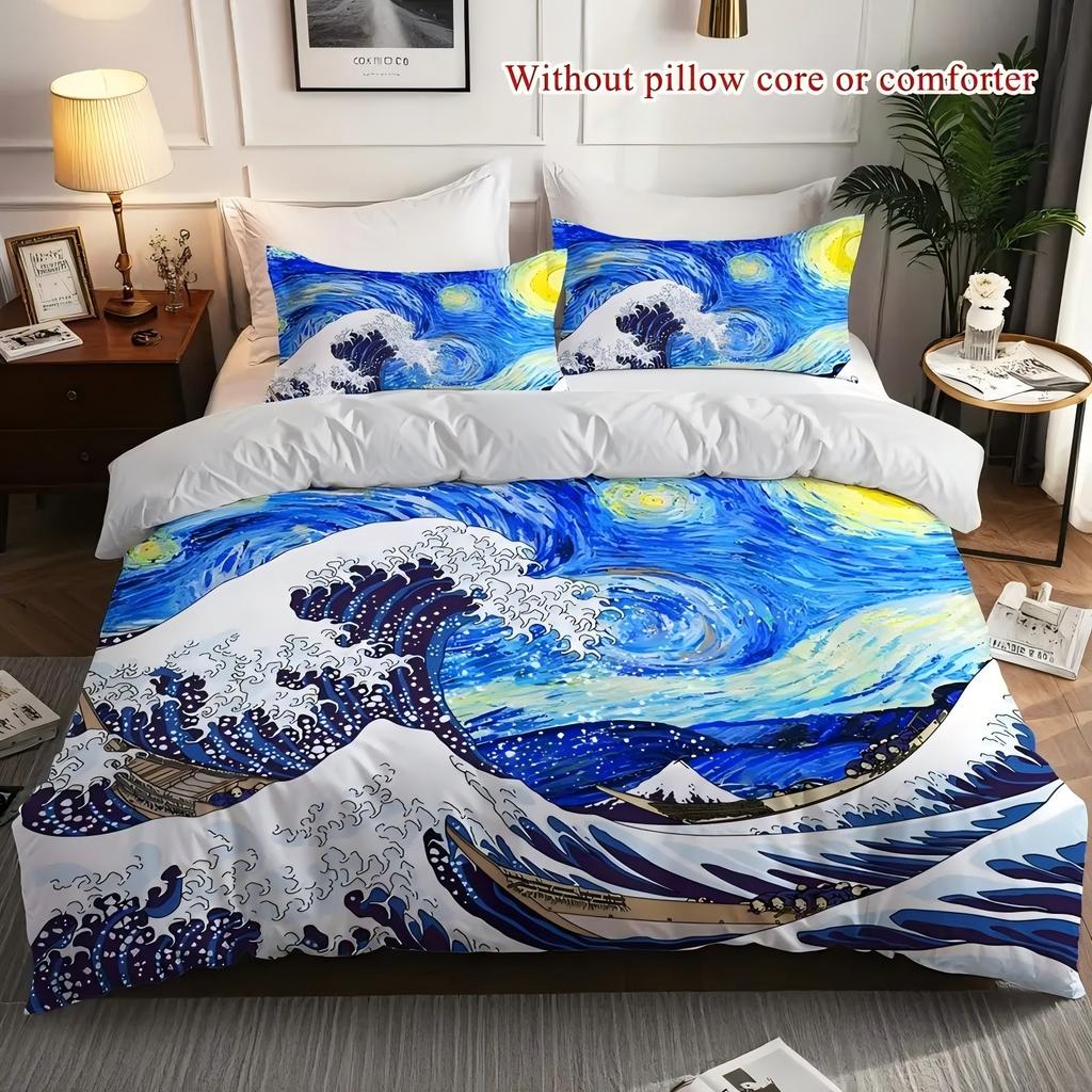 Oil Painting Retro Style Waves Pattern Printed Quilt Cover Set Soft Comfortable Bedding Set Luxury Home Textiles Duvet Cover Set