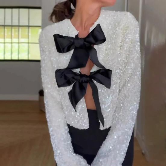 Women Autumn Winter Cropped Coat O-neck Long Sleeve Sexy Nightclub Coat Sequins Bowknot Lace Up Glitter Cardigan Party Club Outerwear