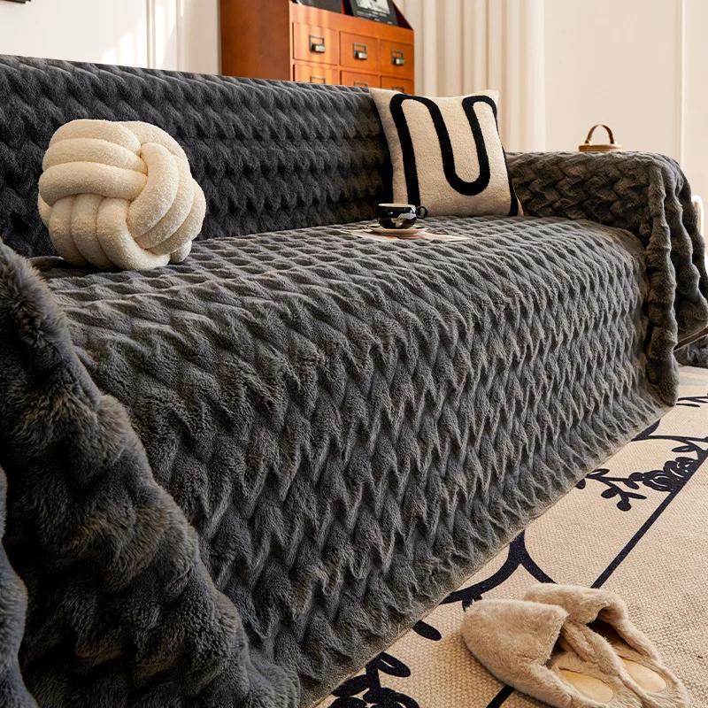 

Mediterranean Breeze Solid Color Rabbit Fur Sofa Case Latest All Seasons Universal Heavyweight Anti slip Dustproof Living Sofa Case Cloth 180x150cm 1pcs