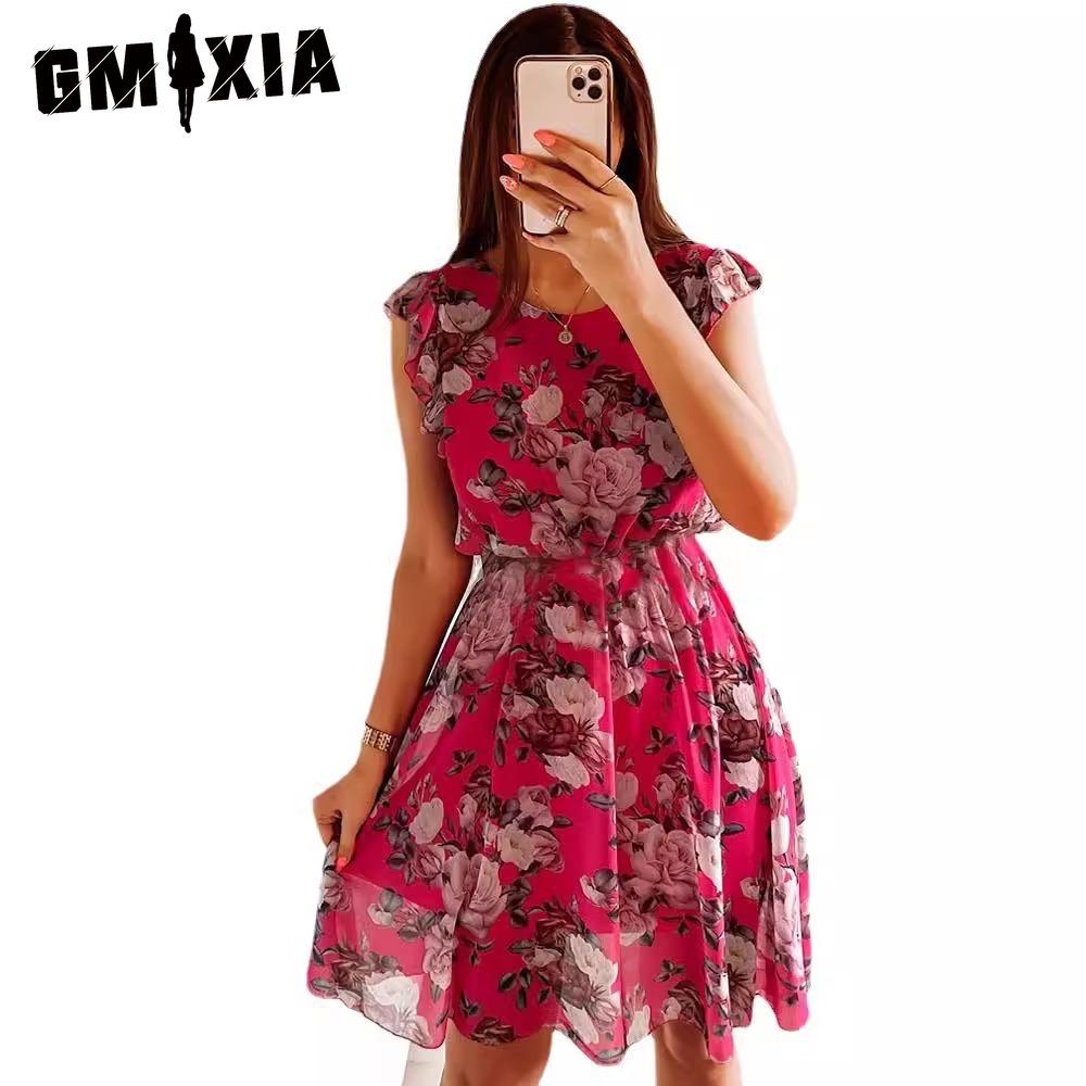 GMXIA Mode Damen Lässig Locker O-Ausschnitt Schmetterlingsärmel Blumenmuster Kleid