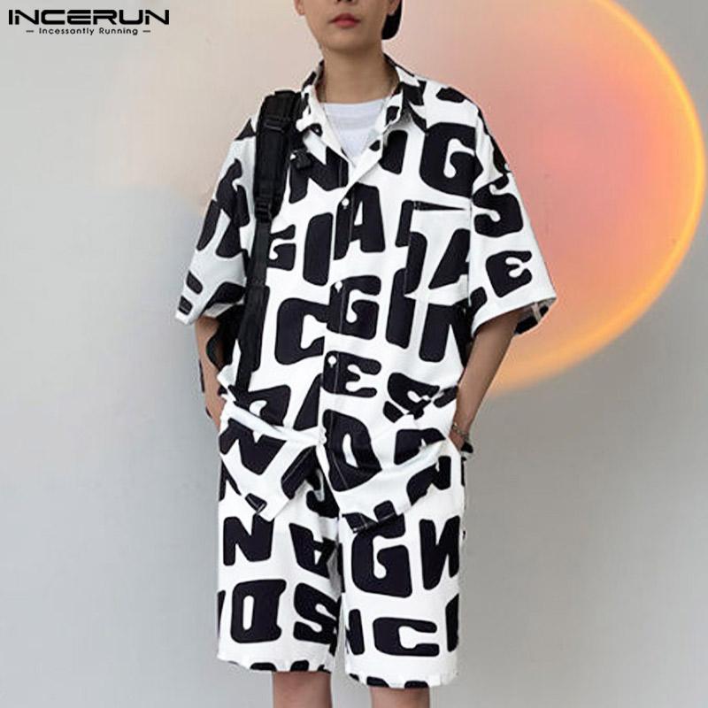 

INCERUN весна-лето мужские комплекты из 2 предметов с принтом, рубашки с короткими рукавами, шорты, свободные