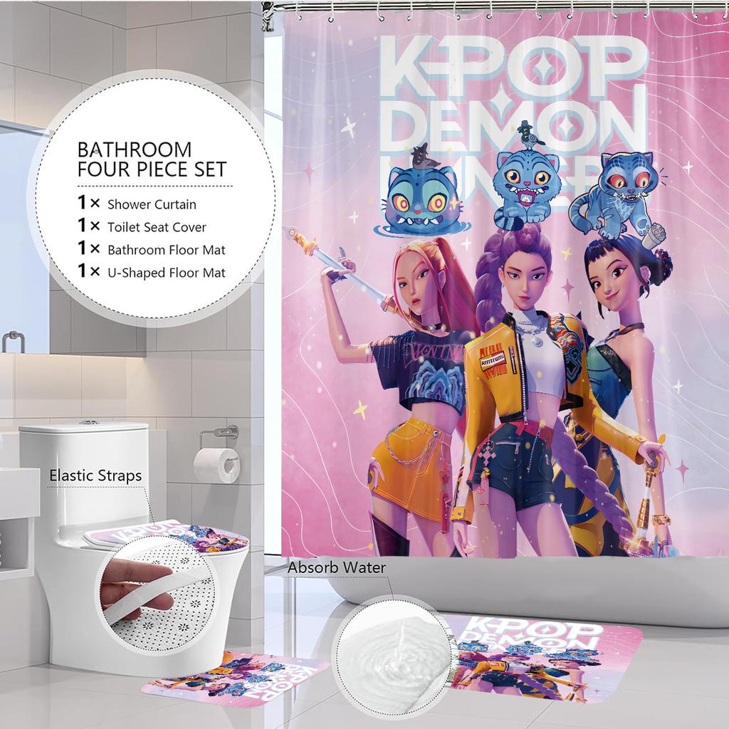 4Pcs K-Pop Demon Hunters Printed Bathroom 4-Piece Set 180X180 Waterproof Shower Curtain, Floor Mat, Toilet Mat, U-Shaped Mat