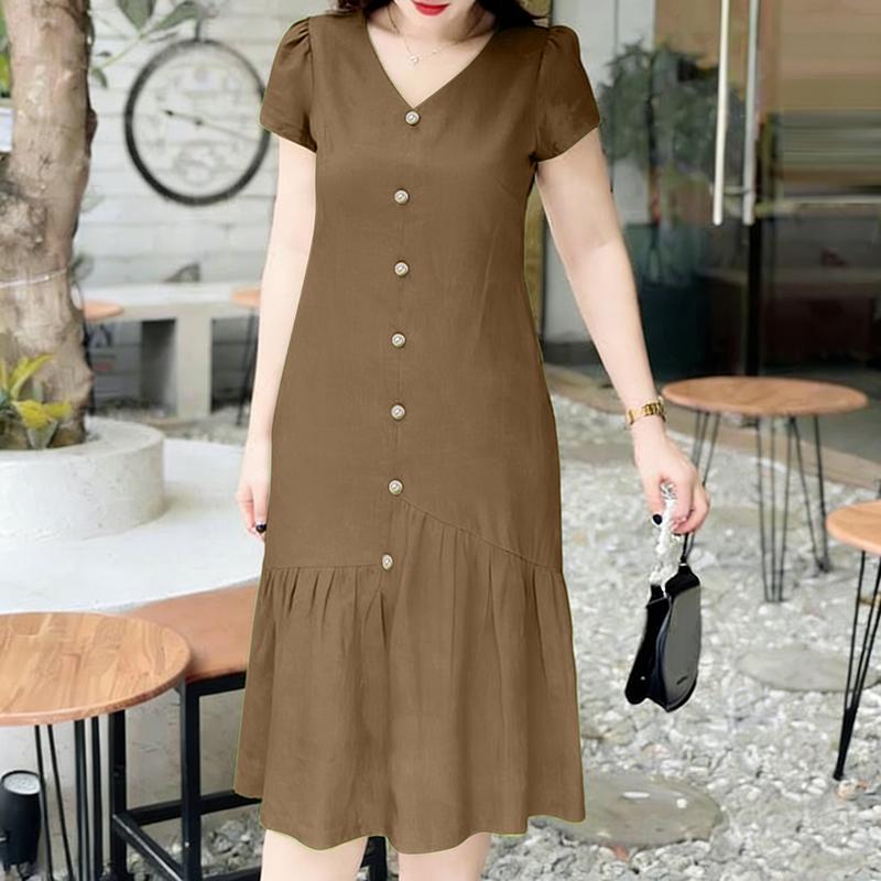 ZANZEA Women Casual V-Neck Summer Short Sleeve Solid Color Dress