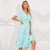 Summer Casual Floral Print Women Long Dress V Neck Short Sleeve High Waist Slim A Line S XL