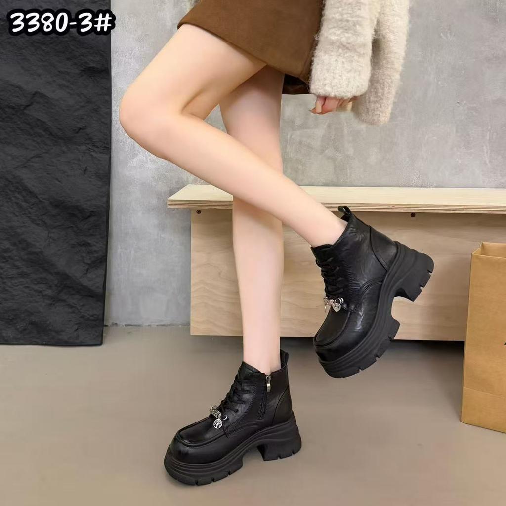 3380-3 Thick-soled heightening Martin boots women's 2025 autumn and winter leather shoes women's British style short boots thick heel short boots