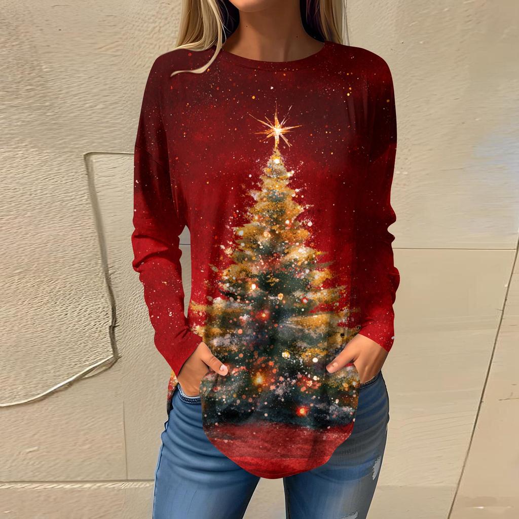 Tee Shirts For Women Casual Round Neck Long Sleeve Shirts Christmas Printing Top Pullover