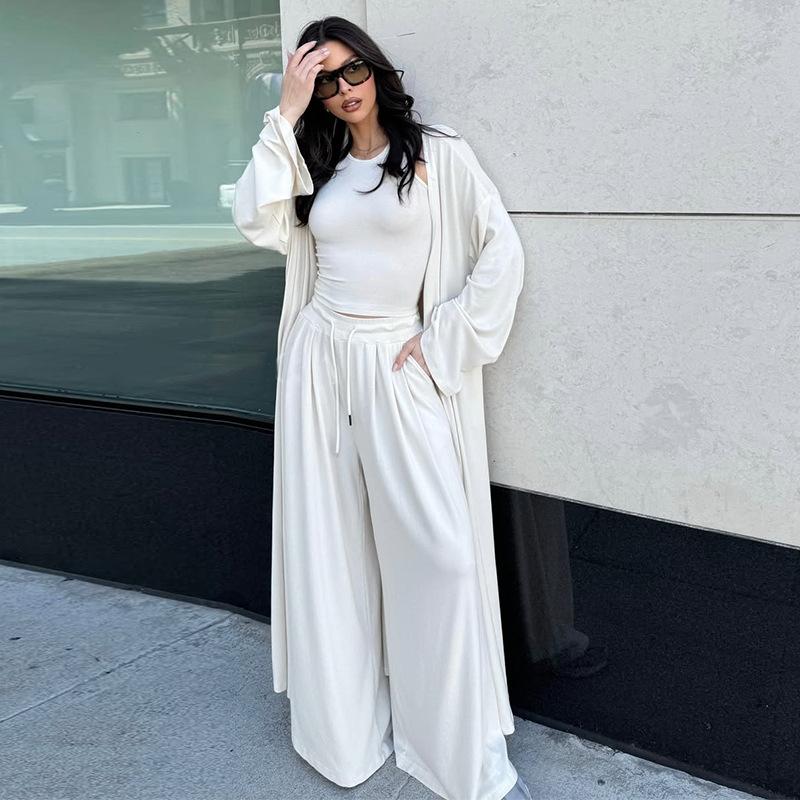 Women's Loose Co-ord Set Long Sleeve Cardigan Tank Top Drawstring High Waist Wide Leg Loungewear Set