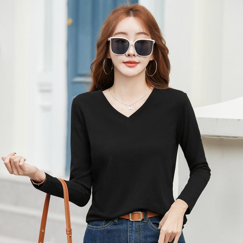 Women's Slim Fit V Neck Long Sleeve T-Shirt Solid Color Top for Spring and Fall Casual Shirts