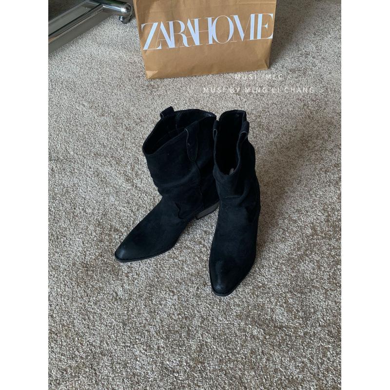 2025 autumn and winter Korean pleated boots pointed thick heel western cowboy boots women's new Martin boots short boots