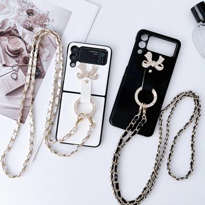 Elmas Yüzük Kordon Yay -Düğüm Kılıfı Samsung Galaxy Z Flip 4 5g Flip3 Flip 3 için Deri Telefon Kapak Anti-Knock Kılıfları Katlayın
