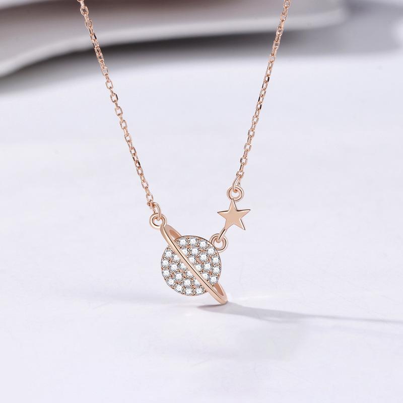 Korean Style S925 Sterling Silver Planet Necklace with Star Pendant - Women s Simple Clavicle Chain Design 925 Silver
