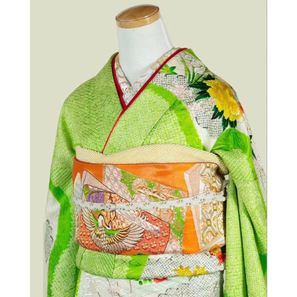 Used Bright Green Furisode Coming-of-age Ceremony