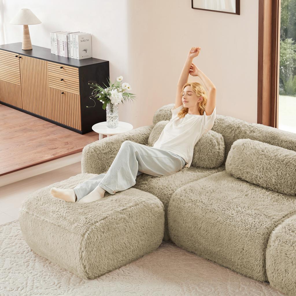 Aviana Armless Sofa W/Pillow Plush Fabric-Light Khaki