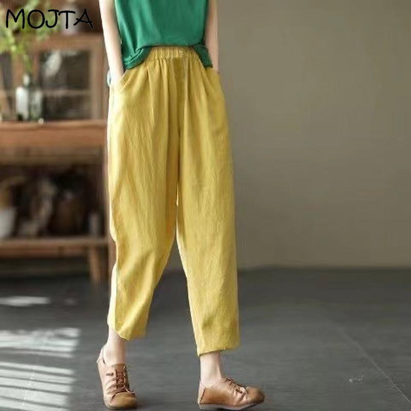 

Женские летние повседневные свободные шаровары с эластичной резинкой на талии, хлопковые и льняные тонкие брюки, девятые брюки, большие размеры XL