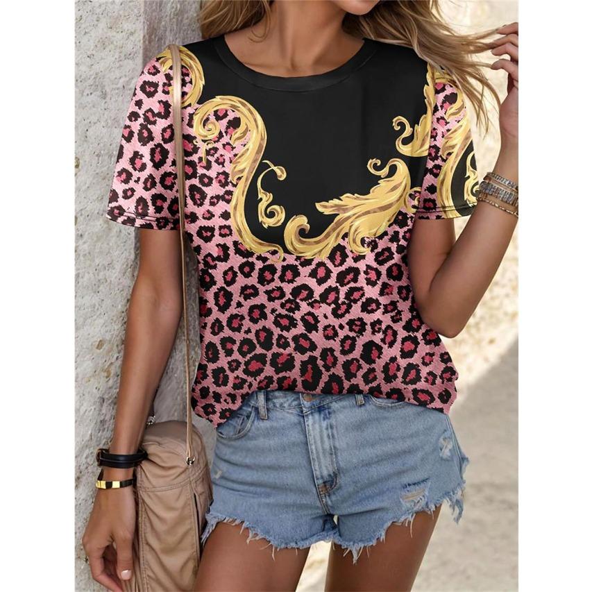 Summer Round Neck 3D Leopard Print T-shirts Fashionable Casual Short Sleeved Women's T-shirts
