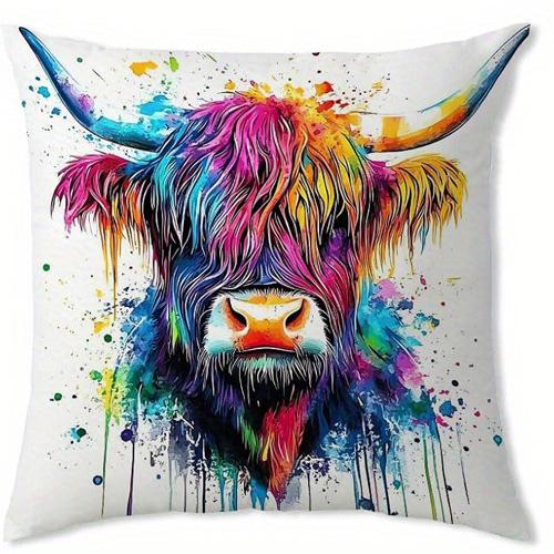 Home Decor Colorful Highland Cow Pillow Covers with Splashes Pattern Cushion Cover Suitable for Sofa Bedroom Car Pillow Cover