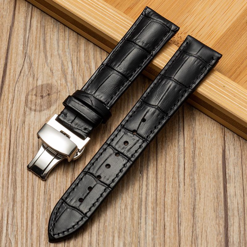 Bamboo Pattern Genuine Leather Watch Strap with Soft Cowhide and Butterfly Buckle for Men and Women