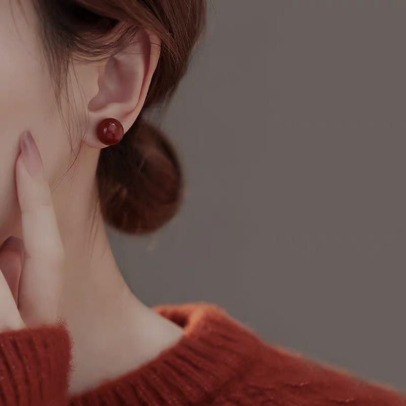 

925 Sterling Silver Jewelry Natural Cinnabar Red Ball Stud Earrings for Women Wedding Party Jewelry for Girls Friend Gift Silver Plated