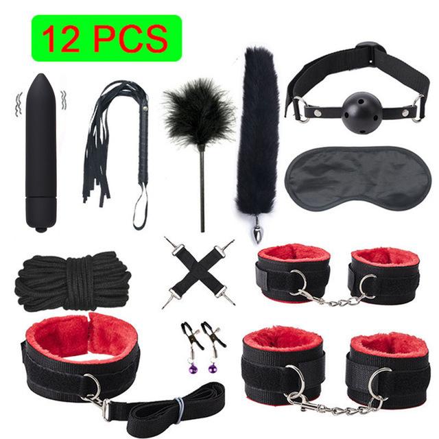 Sexy Leather BDSM Kits Plush Sex Bondage Set Handcuffs Sex Games Whip Gag Nipple Clamps Sex Toys For Couples Exotic