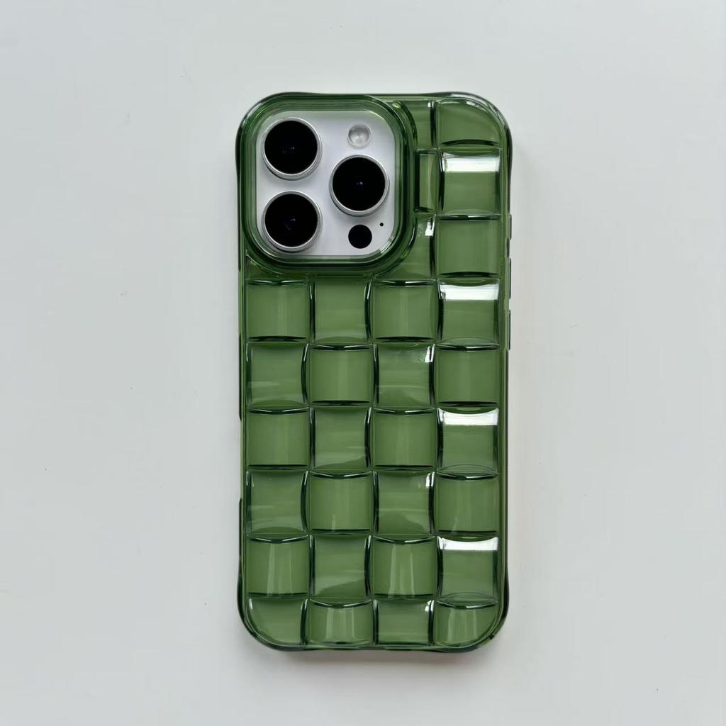 Stereoscopic Green Woven Plaid Convexity Soft Transparent Cube Pattern Cover Phone Case for IPhone 11 12 13 14 15 16 17 Pro Max