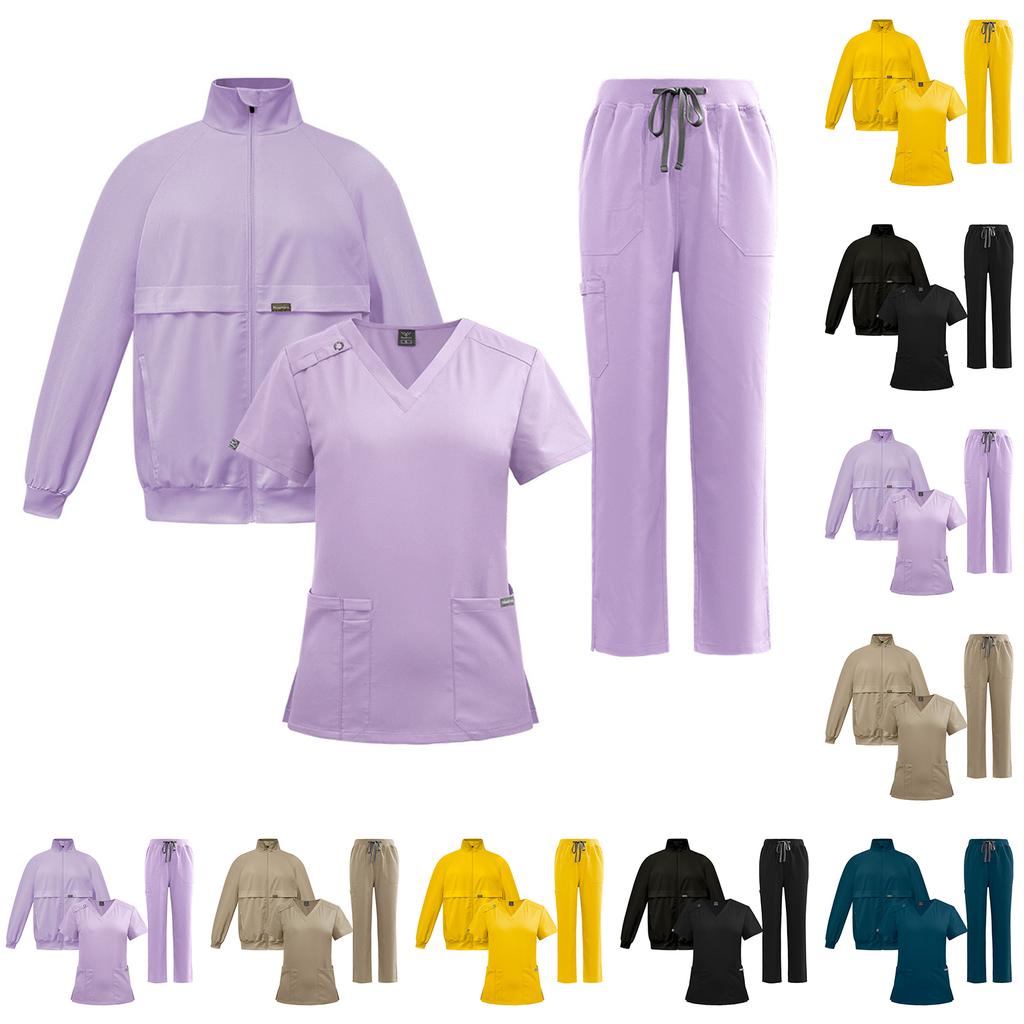 Women's Loose And Comfortable V-neck Short Sleeved Workwear With Multiple Pockets And Beauty Suit Set
