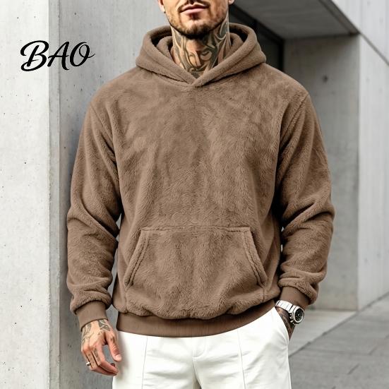 Long Sleeve Warm Pullover Men Plush Hoodie, Teddy Fleece Sweatshirt with Kangaroo Pocket, Loose Mens Hoodie Fit Fuzzy Winter Jumper for Street Casual
