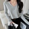 White V-neck Long-sleeved T-shirt for Women In Spring and Summer New Loose Slim Base Shirt Underneath Korean Top