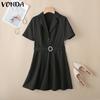 VONDA Women Elegant Short Sleeve Belt Casual Mini Pleated Dress