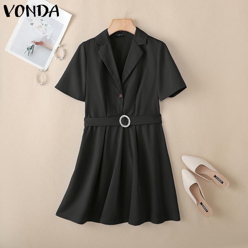 VONDA Women Elegant Short Sleeve Belt Casual Mini Pleated Dress