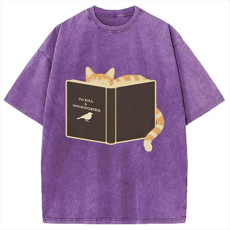 

To Kill A Mockingbird Cat Print Washed T-Shirt Casual Loose Dropped Shoulder Oversized Men s Tees Vintage Harajuku 3XL