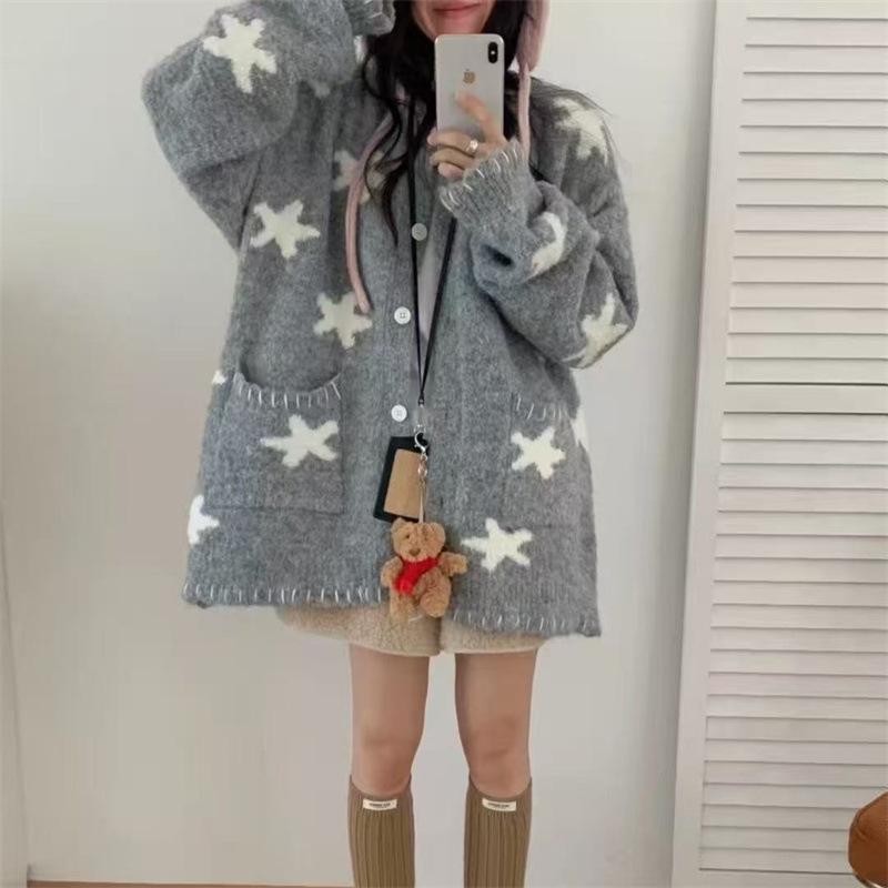 Korean lapel gray star knitted cardigan women's 1011 autumn new design lazy wind sweater women's coat