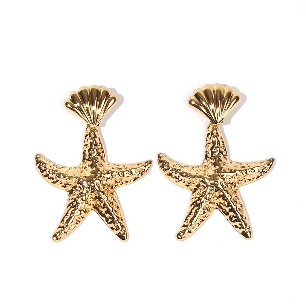 Gold Fashionable Shell Starfish Design Women Metal Earrings For Summer Beach