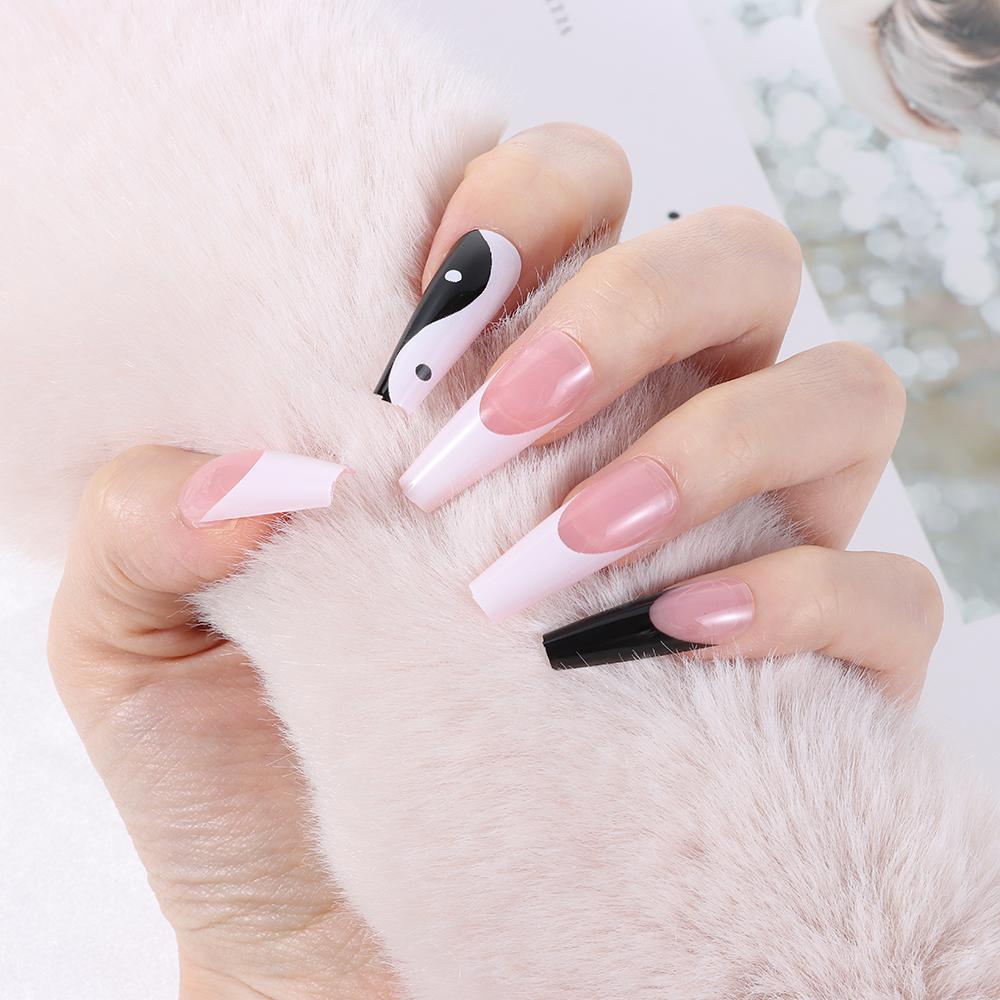 Nepnagels Ballerina met Taichi Design Wit en Zwart Gemengde Kleuren Lange Kistvormige Nepnageltips