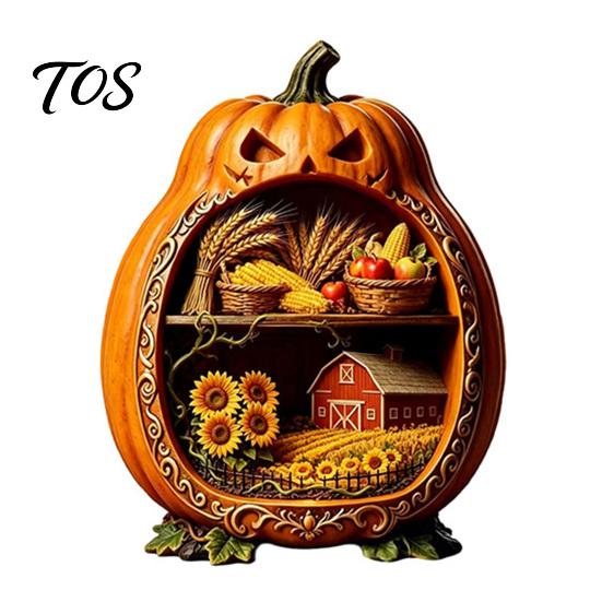 Jack-o'-lantern Table Decorations Halloween Centerpiece Pumpkin, Wooden Pumpkin Ornament with Miniature Scenes, Rustic Decorative Skeleton Ornaments