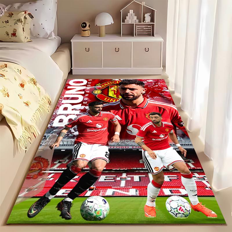Soccer Star Area Rug, Bruno Fernandes Manchester United 8 Red Old Trafford Print, Football Fan Decor, Non-Slip Carpet