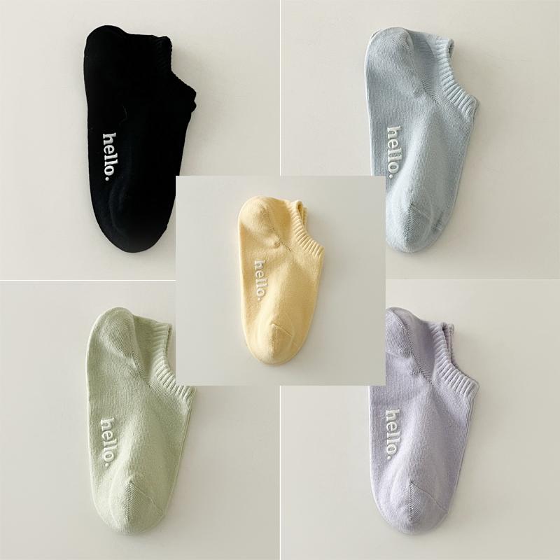 5 Pairs Women's Summer Thin Breathable Sweat Absorbent Ins Versatile Printed Cotton Socks Invisible Pop-socks Non-slip Feature Female Socks