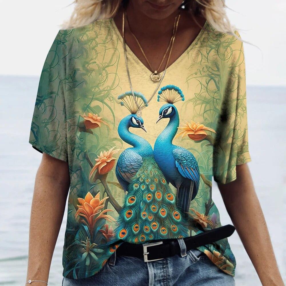 Women's V-Neck T-Shirt Peacock 3D Print Casual Fashion Summer Pullover Short Sleeve Harajuku Oversized Tops Tees For Ladies