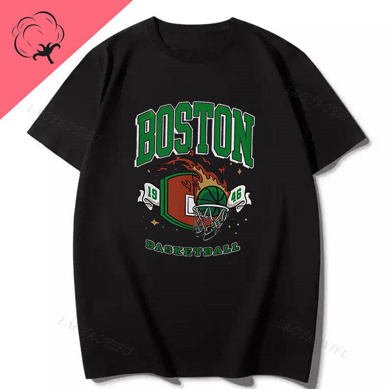 Camiseta Hombre Vintage Style Casual Loose Short Sleeve Boston Basketball Tshirt Cotton Graphic T Shirts Streeweat Clothes