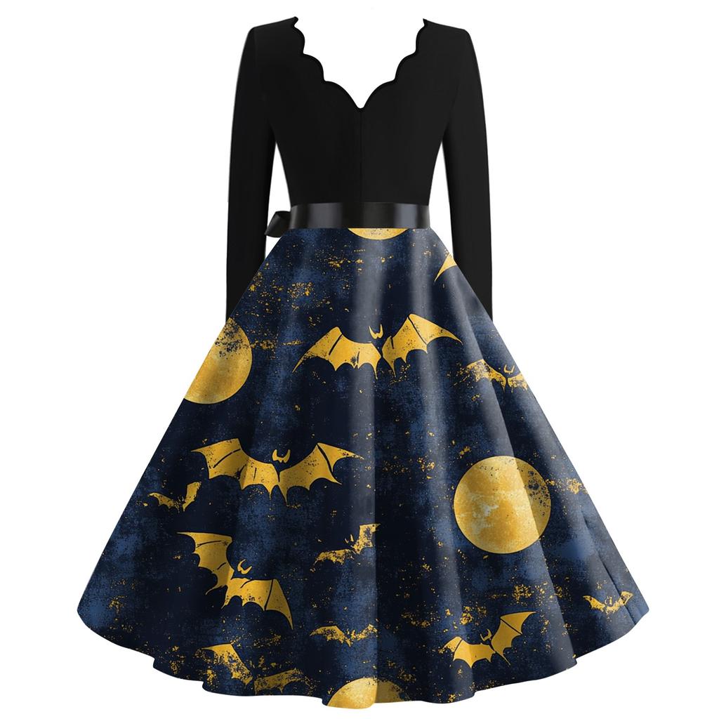 Kvinners uformelle mote Halloween trykt V-hals vintage kjole
