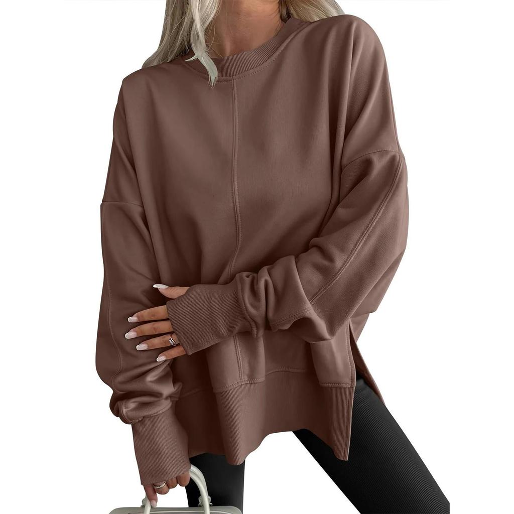 Kadın Sweatshirt Günlük Bisiklet Yaka Oversize Uzun Kollu Pullover Üstler Bayan Düz Renk Bluz Yumuşak Yan Yırtmaçlı Sweatshirtler
