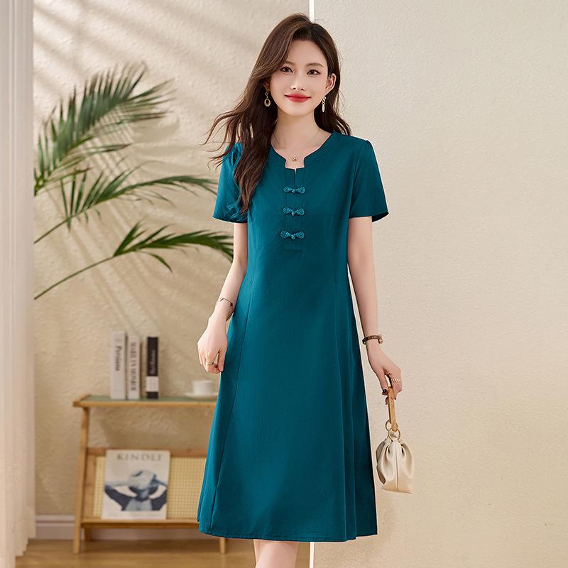 

2025 Summer New Chinese Style Short Sleeve Mid-Length Dress for Women LX278 XXX-Large темно-синього кольору