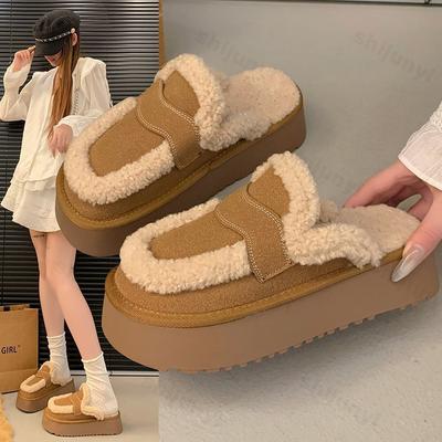Winter Damen Designer Pelz Hausschuhe Warme Stiefel Plateau Flip Flops 2024 Neu Kurze Plüsch Flats Zuhause Baumwollschuh Damen Wildleder Pantoletten
