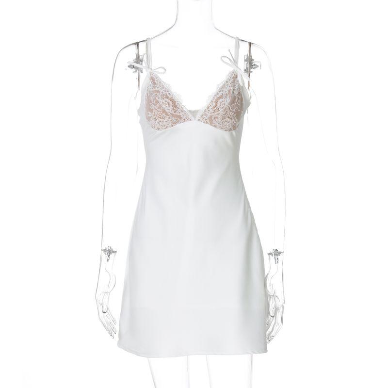 

Shemoda Pure Desire Sexy Lace Splicing Sling Dress Side Zipper High Waist Slim Fit A- line Dress Short Skirt White S