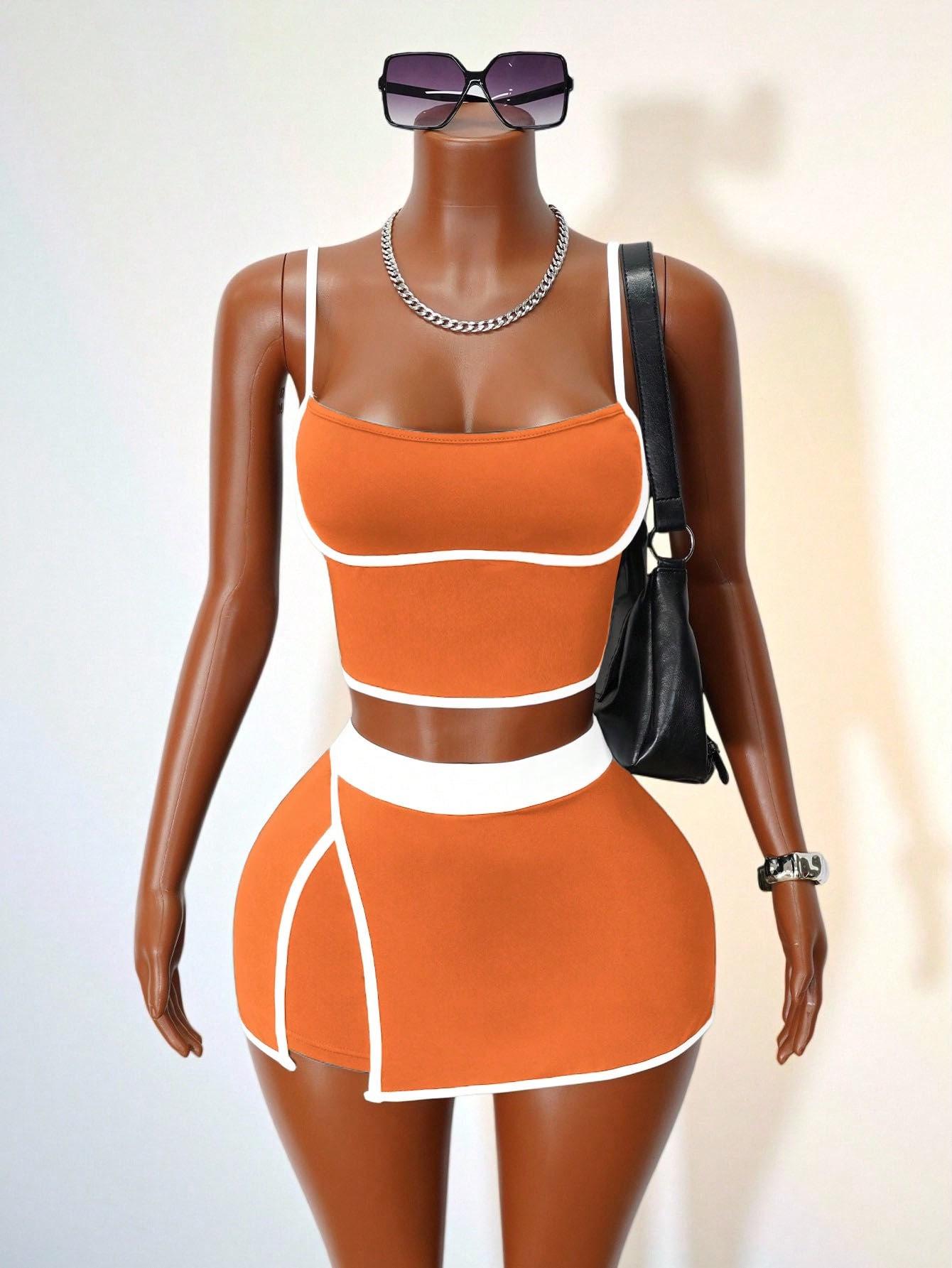 

Color Block Sports Casual Two-Piece Set: Vest & Hip Skirt - European & American Women s Fashion Extra Large помаранчевий
