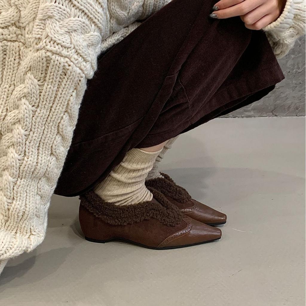 2025 New Inner Slope Heel Fluffy Splicing Thick Heel Carved Fleece Warm Women's Commuter Women's Single Shoes