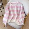 Women Striped Knit Sweater Two Piece Set Off Shoulder Shawl Collar Pullover Fall Winter Korean Style