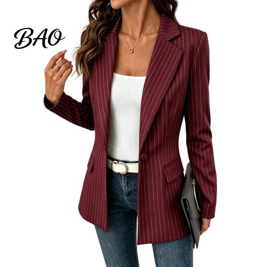 Giacca Casual da Donna a Righe con un Bottone, Giacca Traspirante da Lavoro Business Slim Fit, Cappotto a Maniche Lunghe con Collo a Lancia per l'Autunno