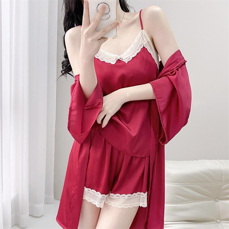 New Sexy Pajamas Women's Ice Ribbon Chest Pad Sling Three-piece Set of Pure Desire Silk Loungewear Can Be Worn Outside